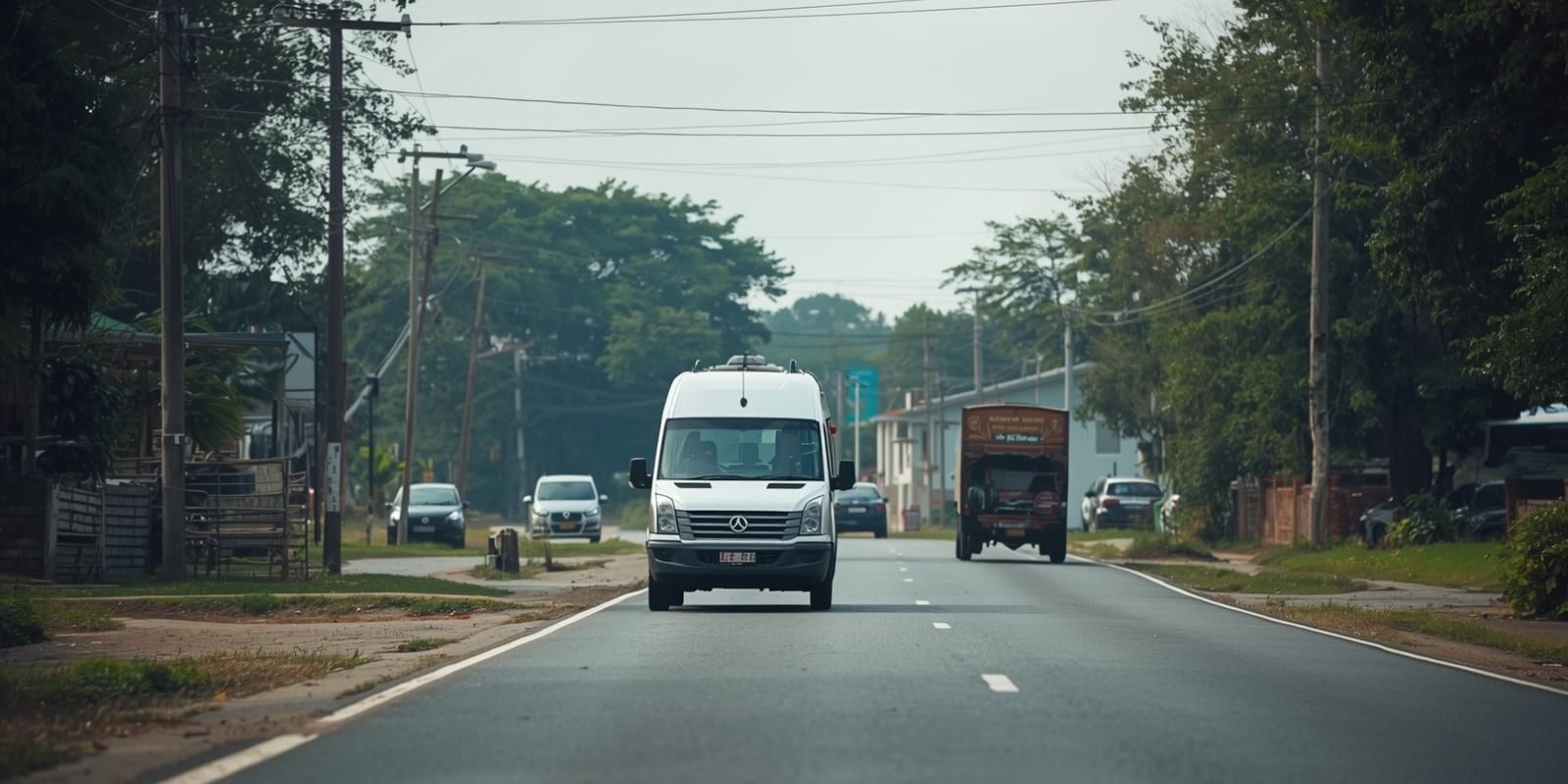 Bus w trakcie jazdy po lokalnej drodze – wynajem samochodów Libiąż do transportu osób i towarów