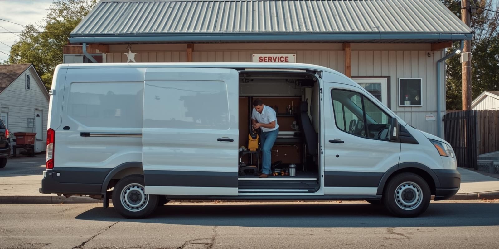 Samochód dostawczy przed budynkiem usługowym – wynajem dostawczaka w Libiążu dla firm