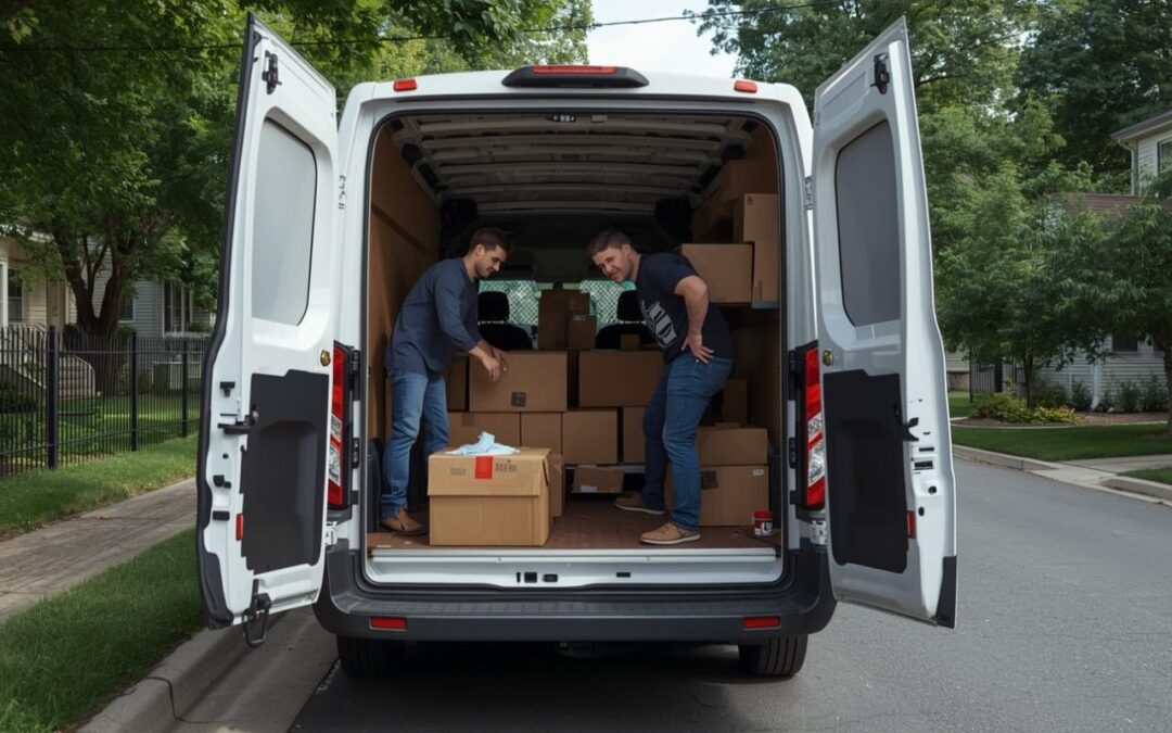 Wynajem dostawczaka w Libiążu podczas załadunku kartonów na osiedlu mieszkaniowym